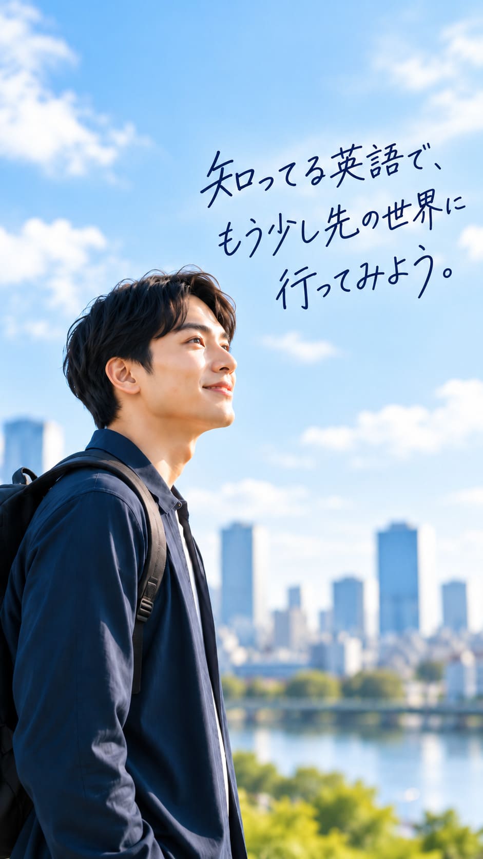 青空の下、街を背景に前を見つめる男性。空に「知ってる英語で、もう少し先の世界に行ってみよう。」と手書きで記されている。