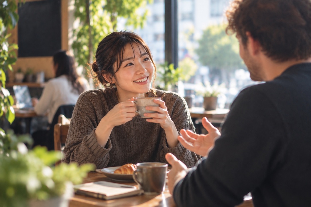 カフェで向かい合って話す二人。公式ライブラリ「まず、口から出す」で使用する画像